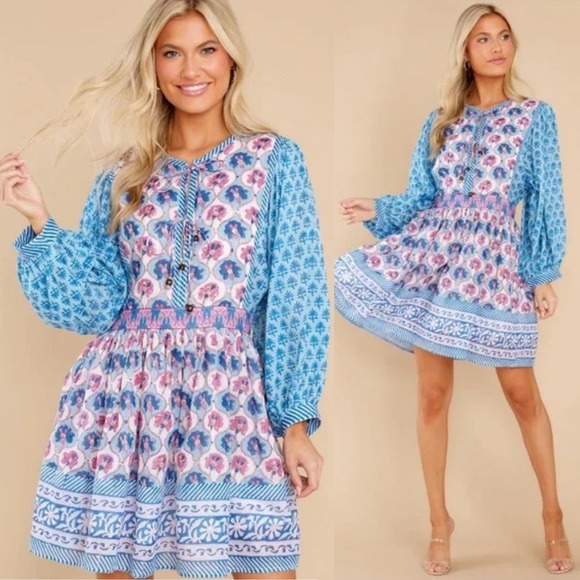 Oliphant Dresses & Skirts - NWT Oliphant Tuckernuck Tie Front Balloon Mini Dress Iris Blue Block Print Large